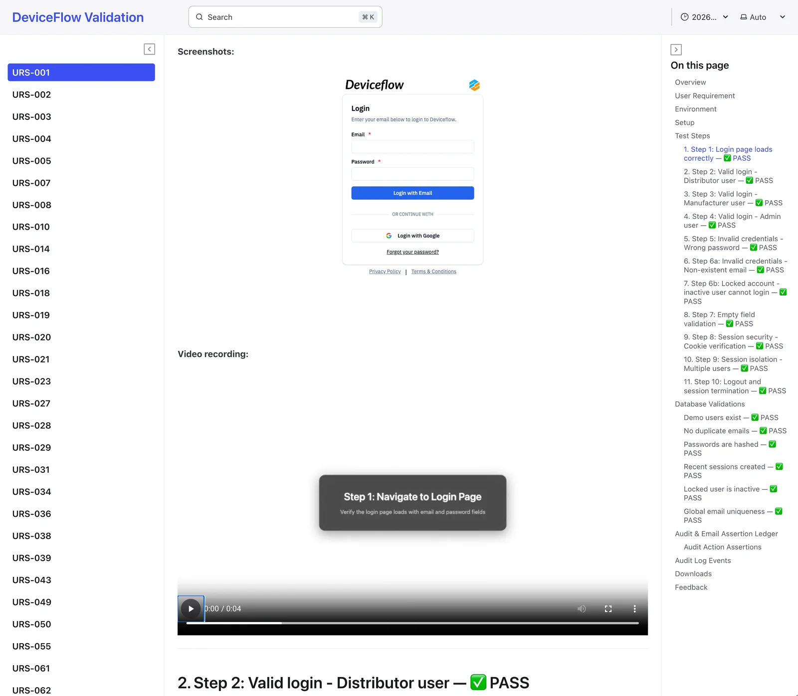 Deviceflow validation packet — release-stamped test evidence including URS coverage, IQ/OQ/PQ results, audit logs, and Part 11 audit trail verification